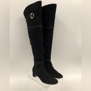 Gucci Black Suede Over-the-Knee Boots with Gold Accent
